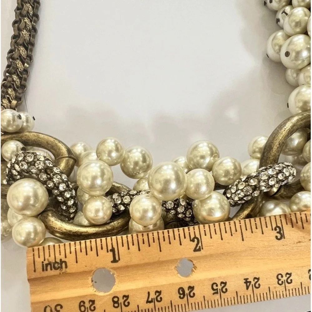 NOS Lee Angel Faux Pearl Rhinestone Link Necklace Antiqued Gold Y2K Luxe Baroque